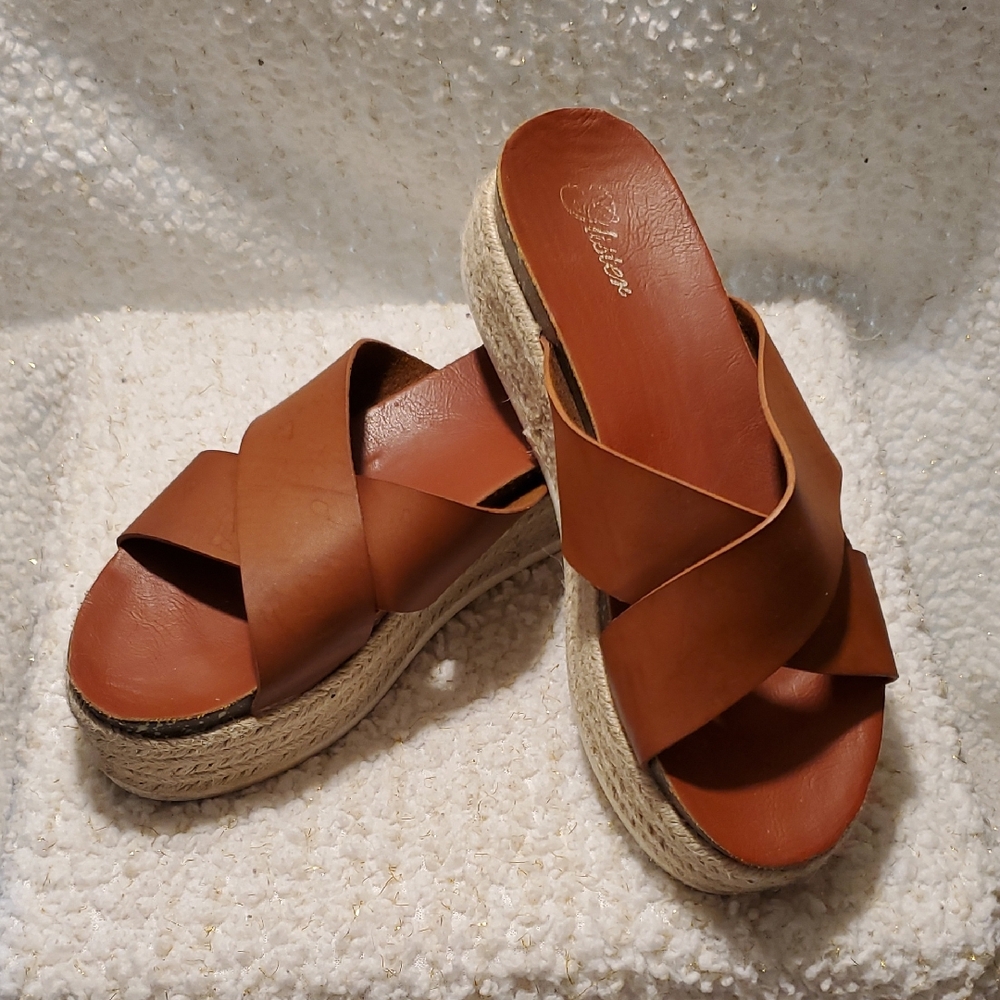 Glisten Camel Color Leather Espadrille Platform Sandals Size 8.5 - Picture 1 of 10